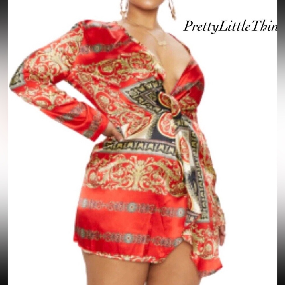 PrettyLittleThing Plus Red Printed Satin Long Sleeve Wrap Dress  Size 14 NWT